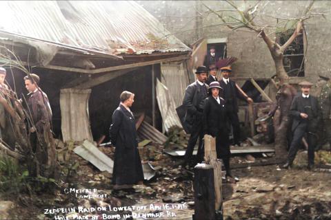 Credit: C.Metcalf Zepplin raid on Lowestoft hole made by bomb in Denmark Road